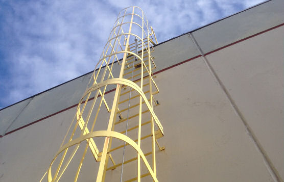 Vertical Cable Lifeline Used With Ladder Cage For Worker Roof Access At Distribution Facility