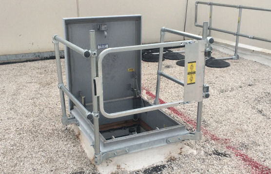 Roof Hatch Railing System With Hatch Covers and Guards and Integrated Safety Gates