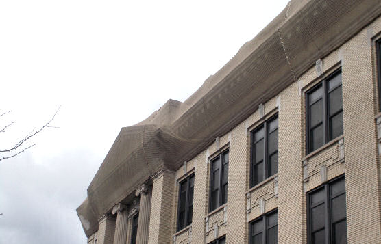 Tan Retention Netting Installation Around Cornice and Parapet of Passaic County Courthouse, Passaic, NJ