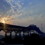 Installation of bridge debris netting on the Pulaski Skyway during its rehabilitation and renovation by New Jersey Department of Transportation.