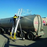 Portable ladder access system for a tanker truck, loading dock, flatbed truck, bus, or railcar.